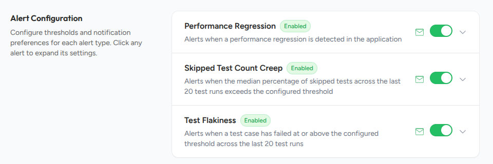 Alert Configuration section on the Project Settings page listing the three alert types