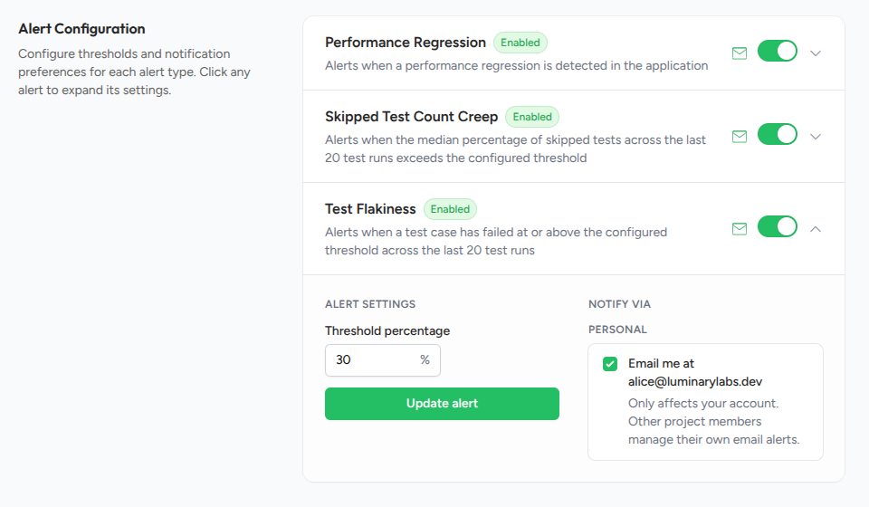 Alert configuration page showing the three alert types with toggles and threshold values