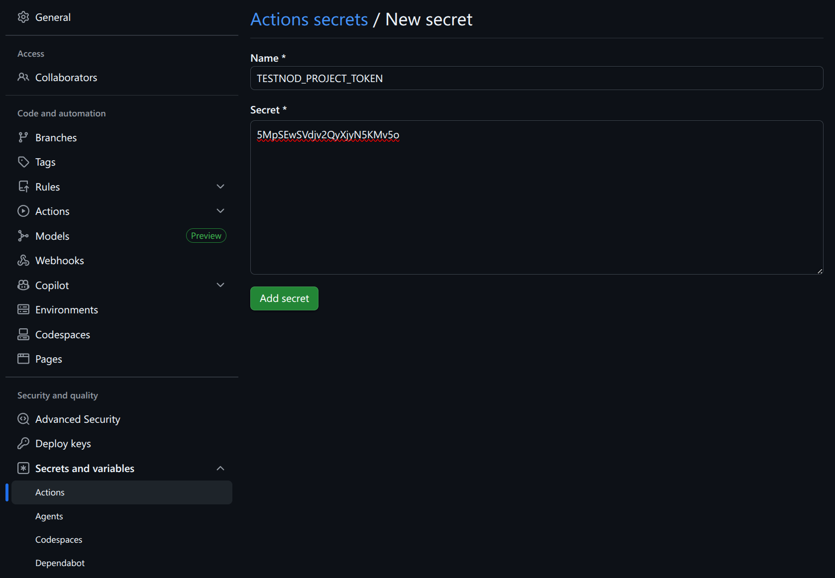 GitHub Actions secrets page showing the new TESTNOD_PROJECT_TOKEN repository secret