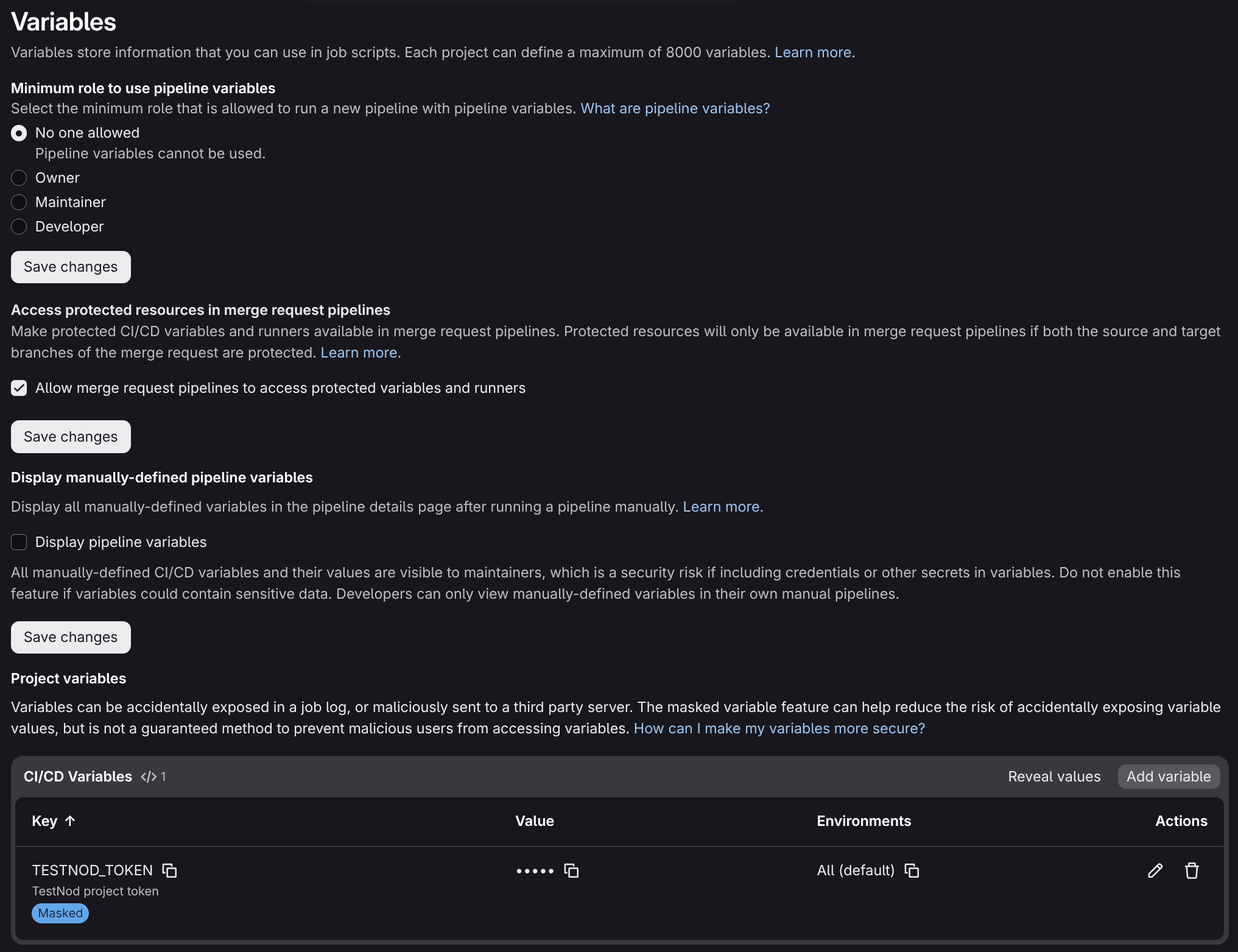 GitLab project CI/CD settings page showing the new TESTNOD_TOKEN variable marked as Masked