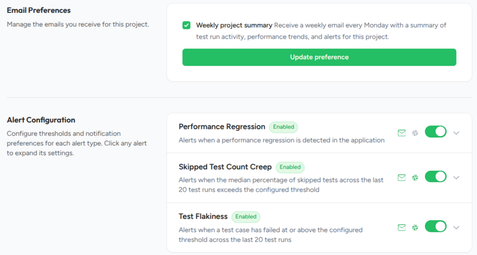 The Email Preferences and Alert Configuration sections on the project Settings page, showing the per-type email toggles