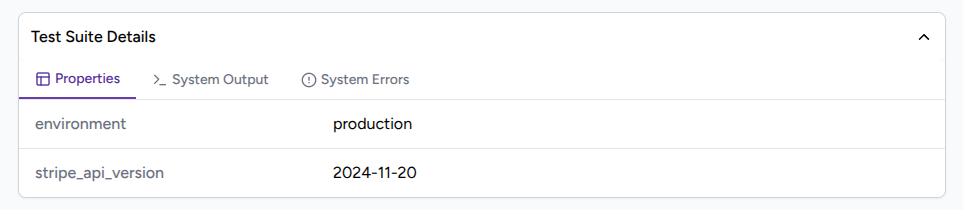 Properties tab populated with key-value entries from a suite's JUnit XML properties block