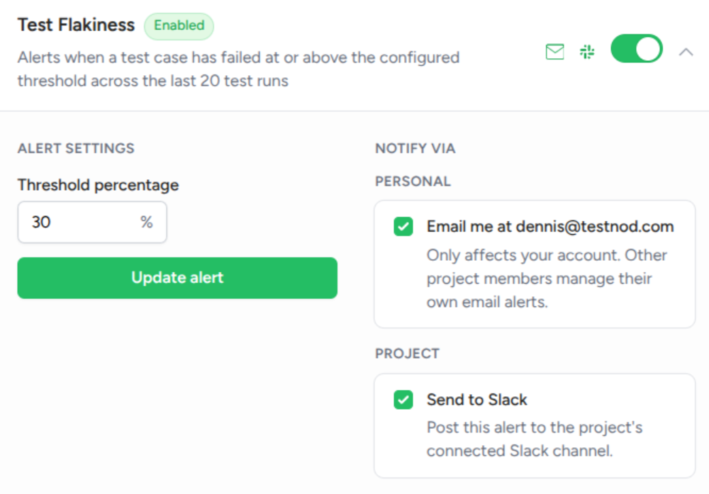 An expanded alert type under Alert Configuration with the Send to Slack toggle turned on