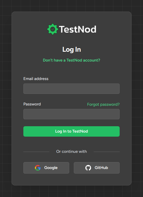 The TestNod sign-in page showing the email and password form alongside the Google and GitHub buttons