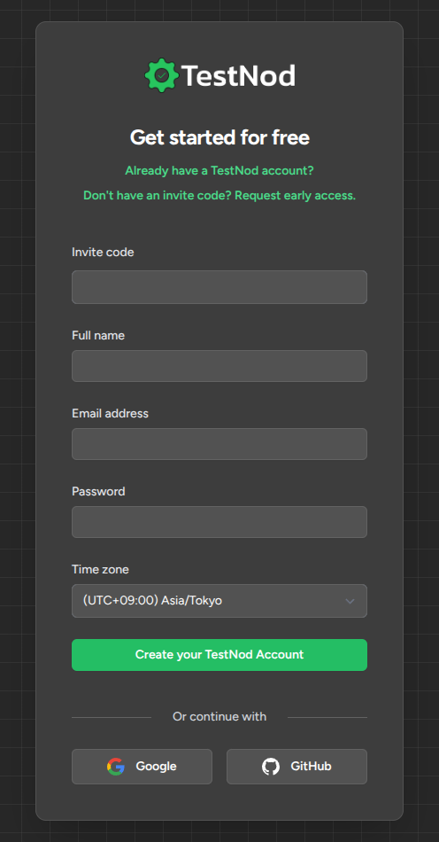The sign-up form showing the invite code, name, email, password, and time zone fields