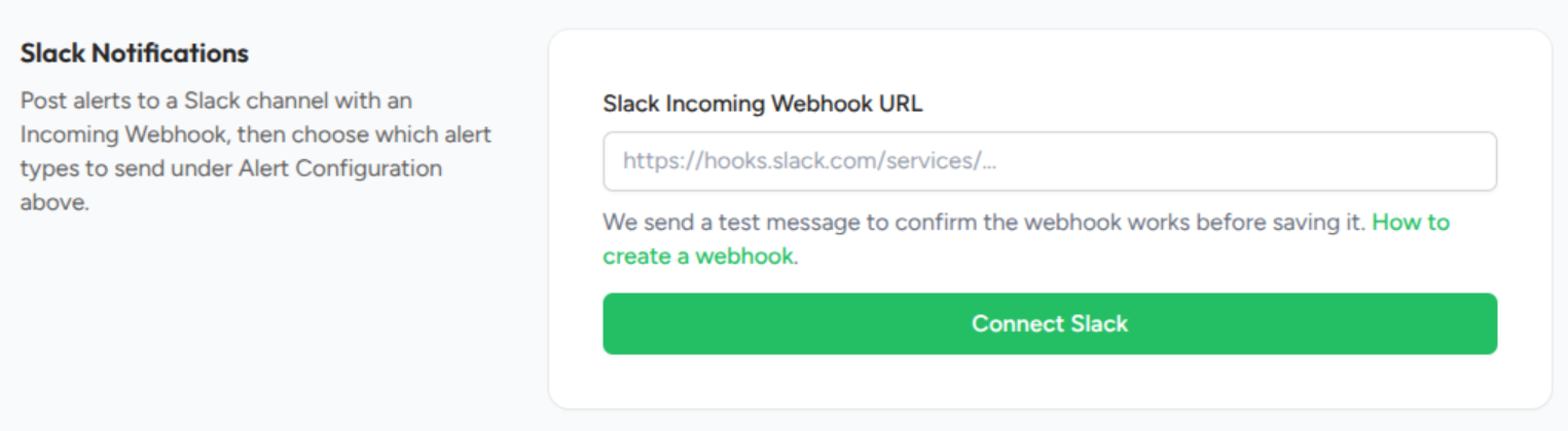 The Slack Notifications card on the project settings page, showing the webhook URL field and the Connect Slack button