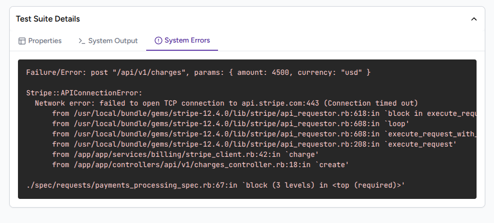 System Errors tab on a suite page with a stack trace captured from a failing integration test
