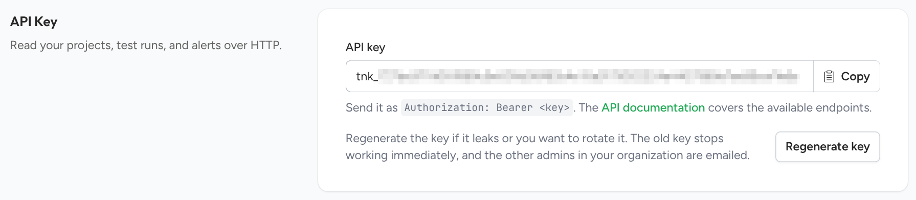 API Key card on the Team page showing the key and the Regenerate key button
