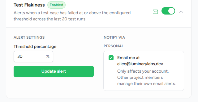 Alert configuration row for test flakiness showing the threshold input set to 30%