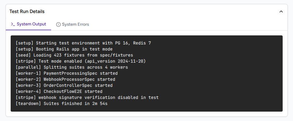 Test Run Details panel expanded with the System Output tab selected