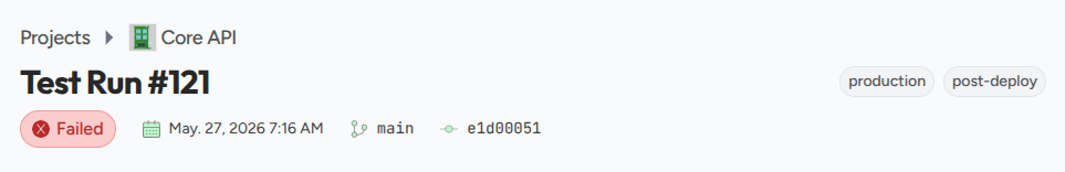 Test run header strip showing the result status, timestamp, branch, commit SHA, and tags