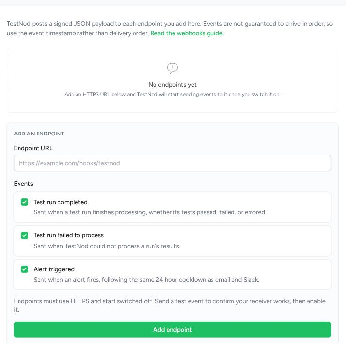 The Webhooks card on the project settings page with the endpoint URL field and the event checkboxes